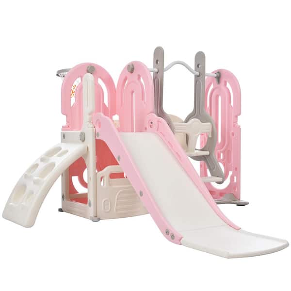 Unbranded 5-in-1 Toddler Slide and Swing, Kids Playground Climber Slide Playset w/Basketball Hoop Freestanding Combination in Pink
