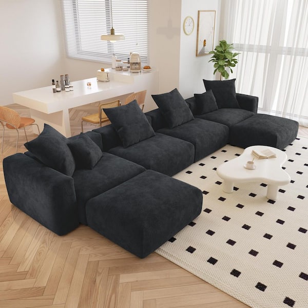 J&E Home 181 in. W Square Arm Corduroy Velvet U-Shaped Free Combination Sofa with Ottoman in. Black