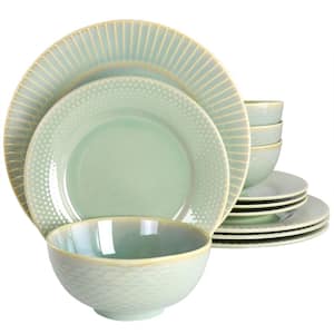 Luminetts 12-Pcs Fine Ceramic Dinnerware Set Service  of 4 in Light Green