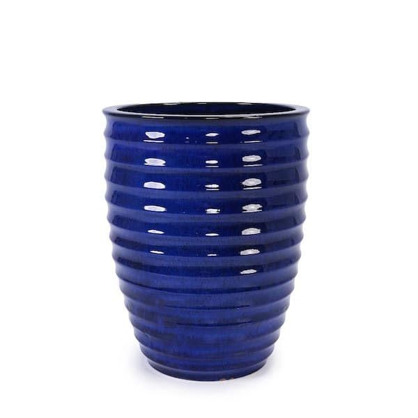 17 in. Handmade Sapphire Blue Horizontal Ripple Ceramic Planter for Indoor and Outdoor Use