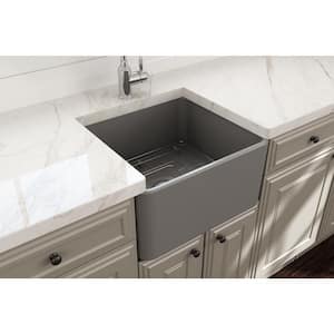 Classico Farmhouse Apron Front Fireclay 20 in. Single Bowl Kitchen Sink with Bottom Grid and Strainer in Matte Grey