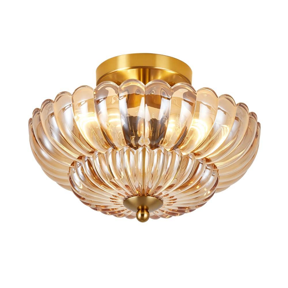 12 in. 3-Light Gold and Amber Semi Flush Mount Ceiling Light Fixture for Bedroom Kitchen Living Room Hallway price history on PriceWatchPro