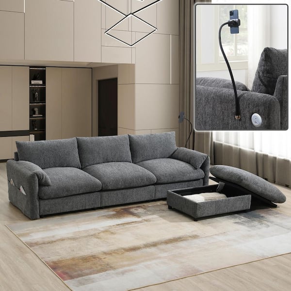 Harper & Bright Designs 96.5 in. Chenille L Shaped Sectional Sofa in. Gray with Storage Ottoman, Adjustable Phone Holder, USB Charger