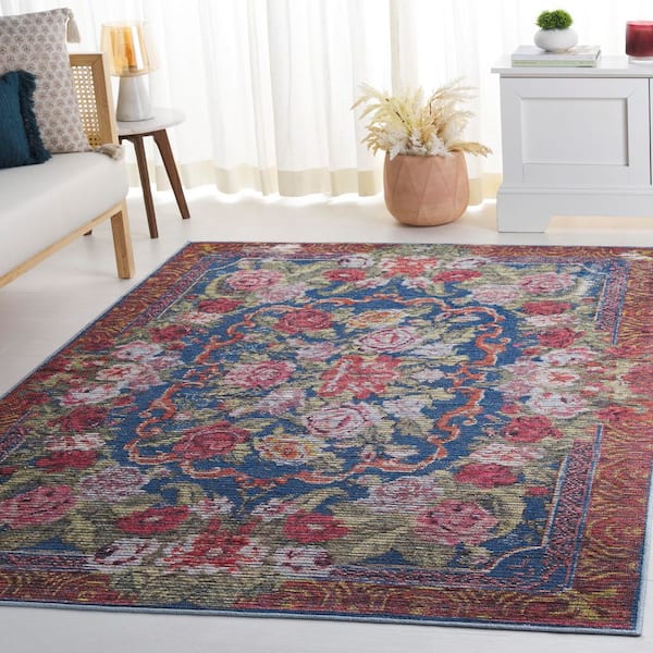 Besarabian Blue/Sage Rust 7 ft. x 7 ft. Machine Washable Border Floral Square Area Rug