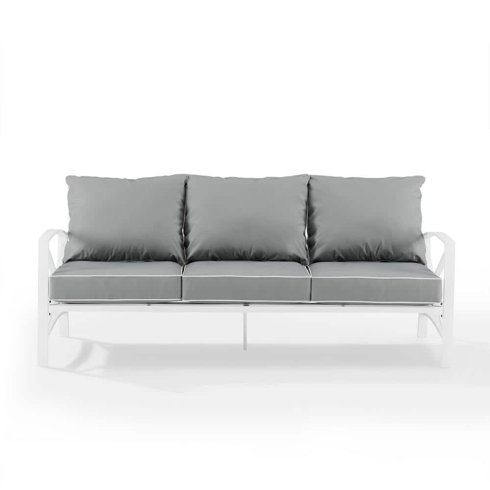 Gray Cushioned White Metal Outdoor Sofa with Three Seats
