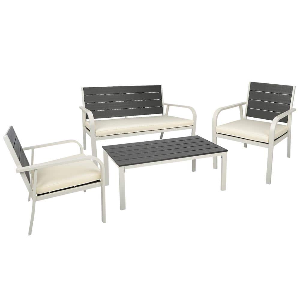 4 Pieces Patio Garden Sofa Conversation Set PE Steel Frame with Beige Cushions price history on PriceWatchPro