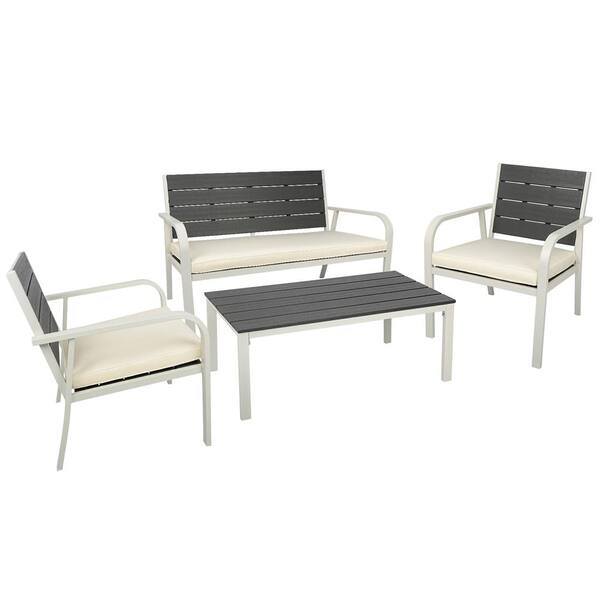 Sudzendf 4 Pieces Patio Garden Sofa Conversation Set PE Steel Frame with Beige Cushions