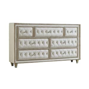 60.5 in. Ivory and Brown 7-Drawer Wooden Dresser Without Mirror