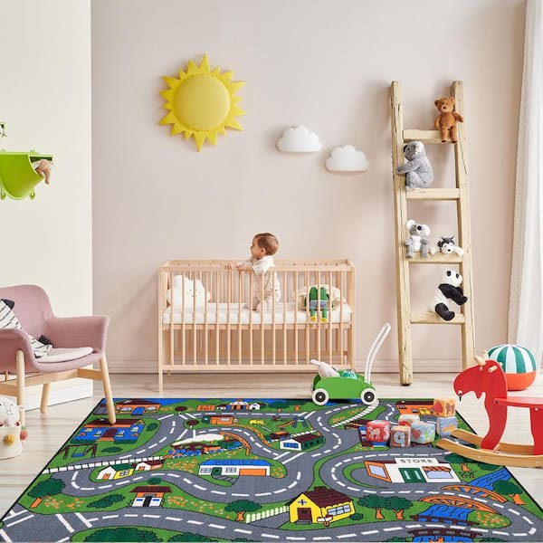Ottomanson - Jenny Collection Non-Slip Rubberback Educational Town Traffic Play 5x7 Kid's Area Rug,5 ft.x6 ft. 6 in.,Green/Multicolor