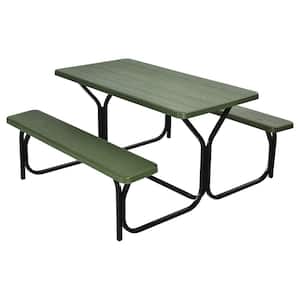 Green All-Weather Metal Outdoor Picnic Table Bench Set with Metal Base Wood