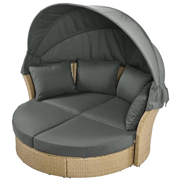 Brown Wicker Outdoor Day Bed with Grey Cushions and Retractable Canopy
