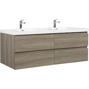 72 in. W Double Sink Floating Bath Vanity in Ash Grey with Two White Resin Top Basin