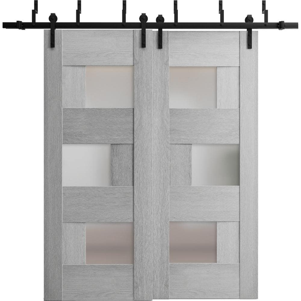 60 in. x 80 in. 2 Panel Frosted Glass Light Grey Oak Wood Sliding Barn Door with Hardware Kit price history on PriceWatchPro