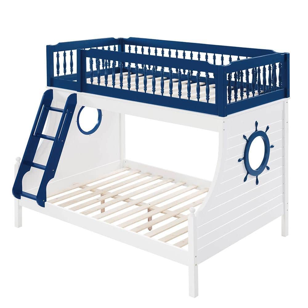 Farah Navy Blue and White Finish Twin Adjustable Bunk Bed with Ladder and Solid Wood