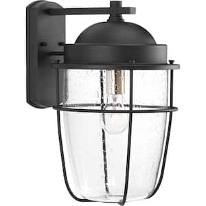 Holcombe Collection 1-Light Textured Black Clear Seeded Glass Farmhouse Outdoor Large Wall Lantern Light