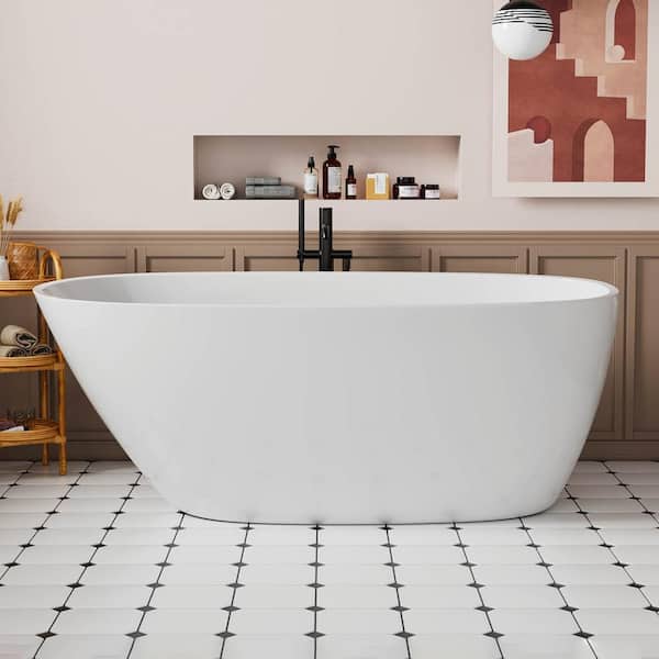 INSTER VELA 63 in. Modern Style Acrylic Single Slipper Freestanding Flatbottom Non-Whirlpool Soaking Bathtub in White