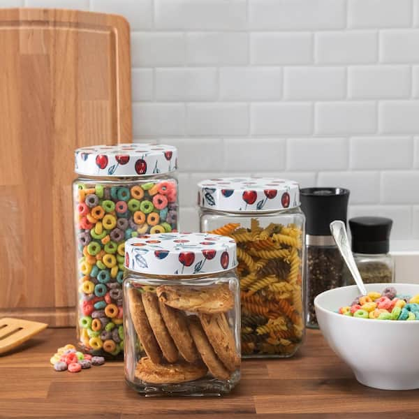 American Atelier 3-Piece Set Bing Cherries Square Clear Glass Jars