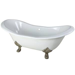 72 in. Cast Iron Brushed Nickel Double Slipper Clawfoot Bathtub in White