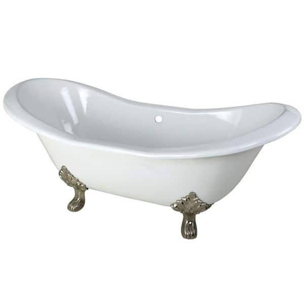 Aqua Eden 72 in. Cast Iron Brushed Nickel Double Slipper Clawfoot Bathtub in White