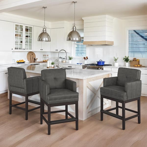 LUE BONA 27 in. Black Gray Faux Leather Upholstered Counter Height Bar Stool Armrests and Wood Frame Counter Stool (Set of 3)