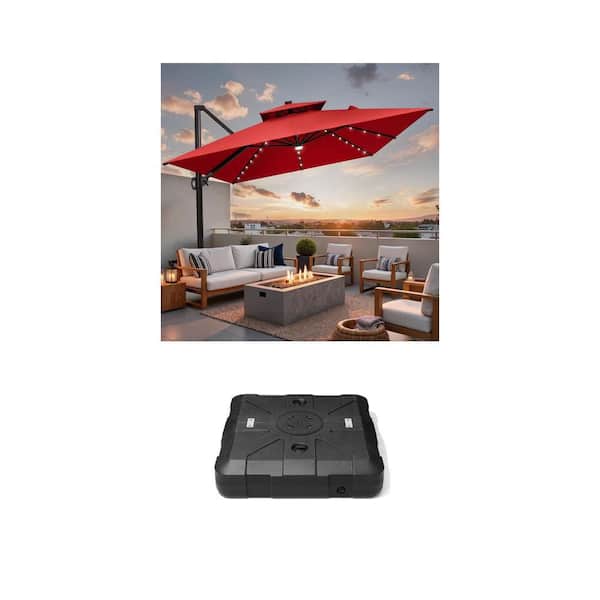 11 ft. x 9 ft. Red Cantilever Patio Umbrella with Solar LED and 260 lbs. Black Offset Umbrella Base