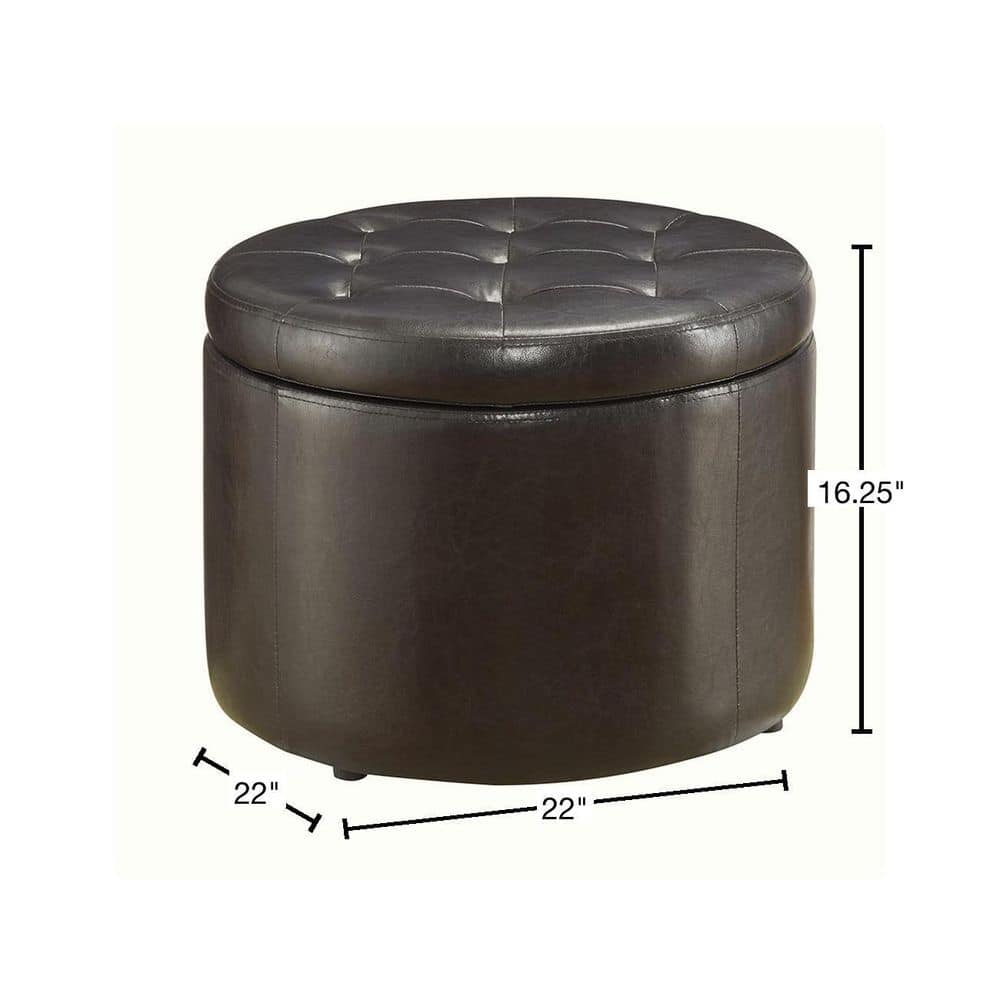 Espresso Faux Leather Tufted Round Storage Ottoman, 22-inch