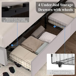 Upholstered Bed with 4-Drawers, Queen Bed Frame, Light Gray Platform Bed with Headboard, Built-in USB and Type C Ports