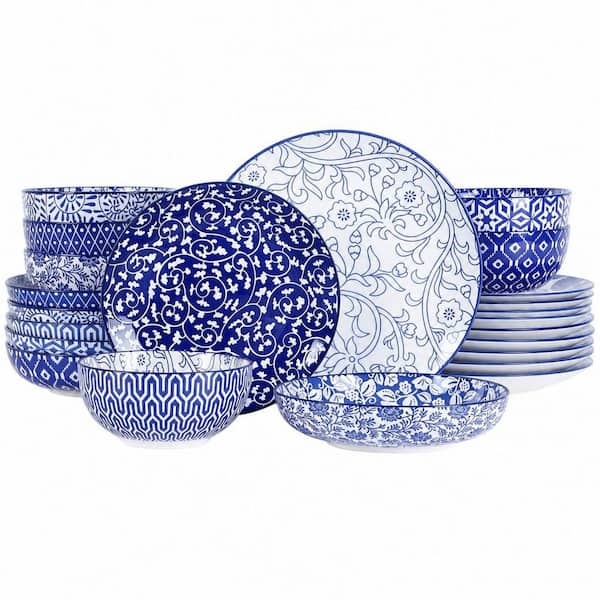 24-Piece Blue Ceramic Dinnerware Set, Scratch Resistant, Dishwasher and Microwave and Oven Safe, (Service for 6)