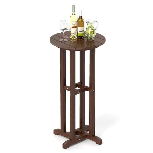 21.5 in. Round HDPE Outdoor Bar Table with Slatted Top, Brown