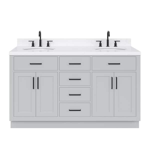 Hepburn 60 in. W x 22 in. D x 36 in. H Double Sink Freestanding Bath Vanity in Grey with Carrara Quartz Top