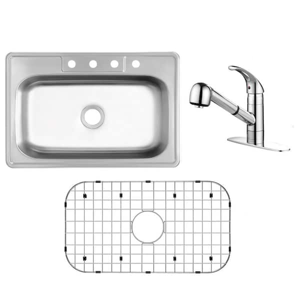 33 in. Drop-In Single Bowl 20-Gauge Stainless Steel Kitchen Sink with Pull-Out Polished Chrome Kitchen Faucet