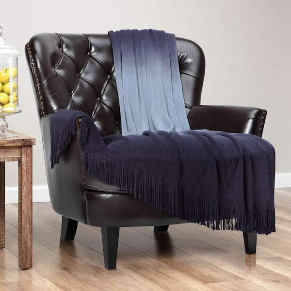 CHANASYA Gradient Midnight Blue Ombre Acrylic Throw Blanket with Tassels, 50 x 65 in.