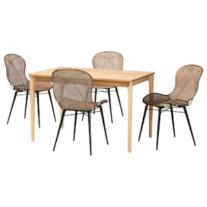 Sabelle 5-Piece Greywashed Rattan and Natural Brown Wood Dining Set
