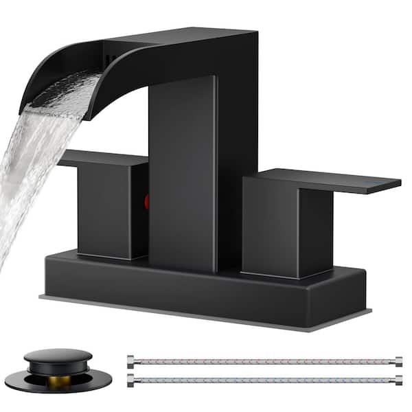 4 in. Centerset Double Handle Low Arc Bathroom Faucet with Pop-up Drain Kit Included in Matte Black