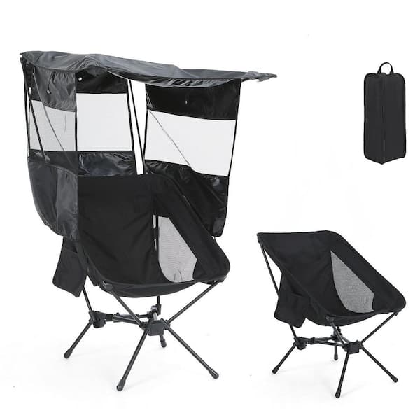 Unbranded Backpack Camping Chair with Canopy, Low Seat and High Back, Foldable and Lightweight for Camping (Black, 1-Pack)