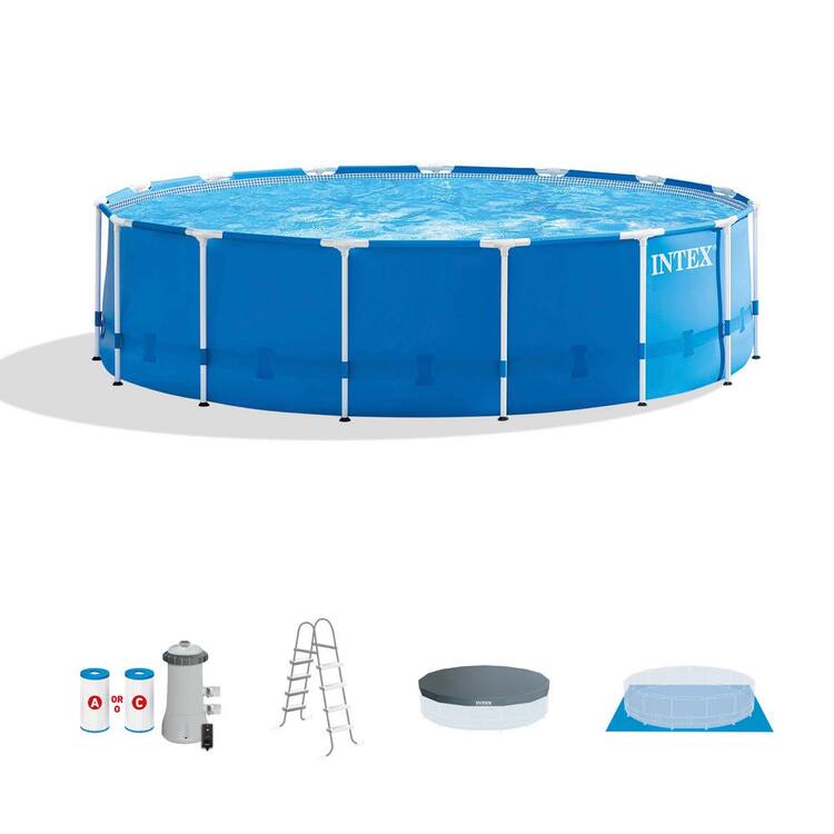 Intex 15 ft. x 4 ft. Round 180 in. Metal Frame Above Ground Swimming Pool Set with Pump Cover Ladder