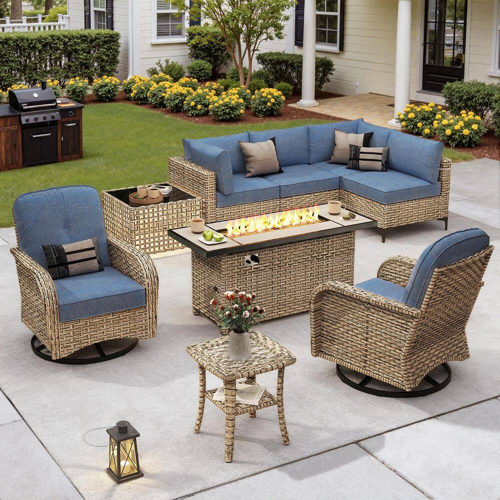 Solvoc 9-Piece Wicker Outdoor Patio Conversation Set with 54 in. Fire Pit Table, Denim Blue Cushions and Swivel Chairs price history on PriceWatchPro