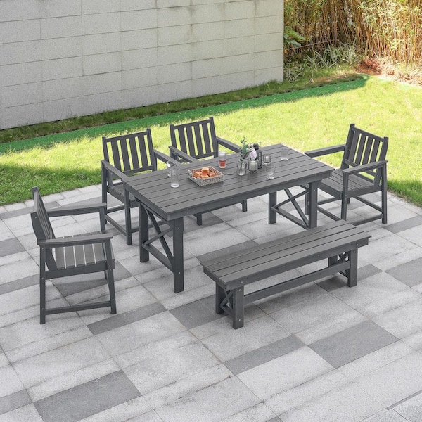 Gray 6-Piece HDPE Plastic Patio Outdoor Dining Set with 1-Bench, 4-Arm Chairs and Rectangular Table