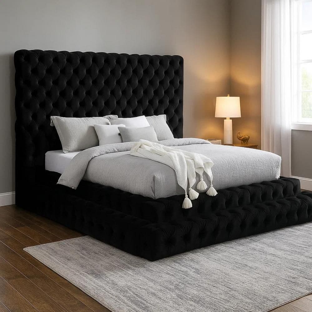 Steph Black Metal Frame Queen Panel Bed with Upholstery Headboard price history on PriceWatchPro