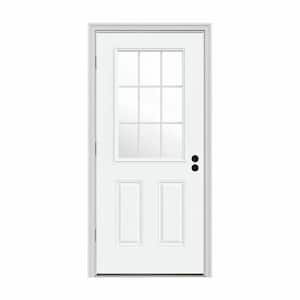 32 in. x 80 in. 9 Lite White Painted Steel Prehung Right-Hand Outswing Entry Door w/Brickmould