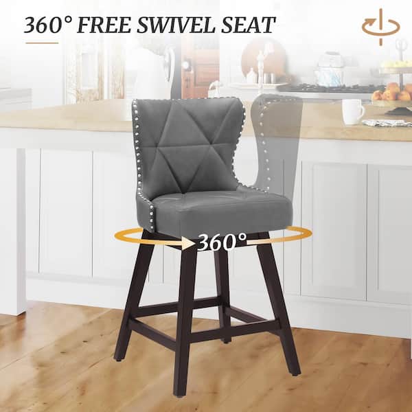 Zola 26 in. Dark Gray Wood Frame Counter Bar Stool Faux Leather Upholstered Swivel Bar Stool (Set of 4)