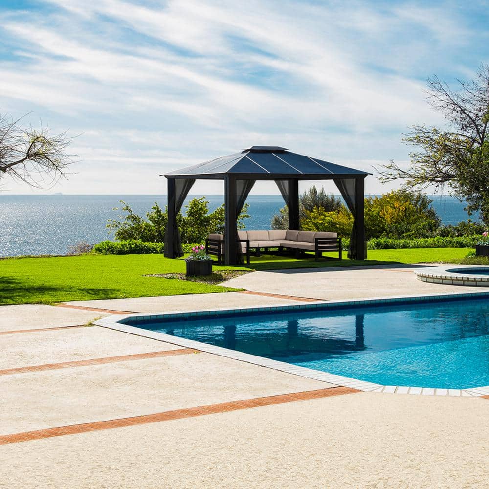 Santa Monica 12 ft. x 14 ft. Black Gazebo with Mosquito Netting -  Paragon Outdoor, GZH3-1214BKAN