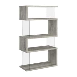 Emelle 35.5 in. Wide Grey Driftwood 4-shelf Bookcase with Glass Panels