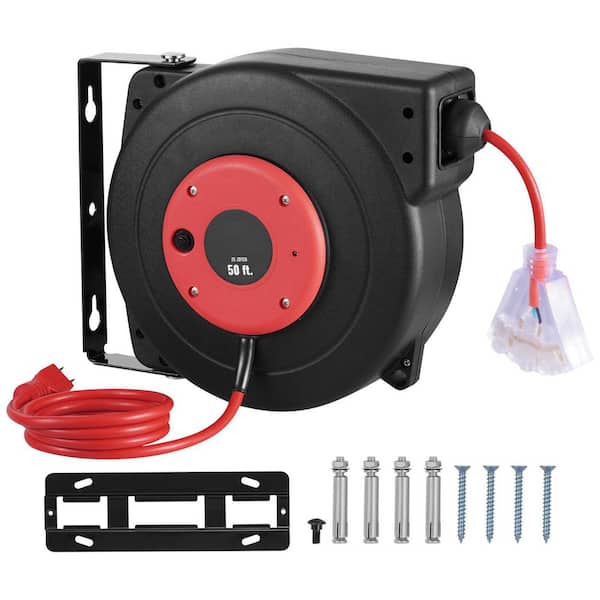 Retractable Extension Cord Reel 50 ft. Heavy Duty 14 / 3 13 Amp SJTOW Extension Cord Reel with Lighted Triple Tap Outlet