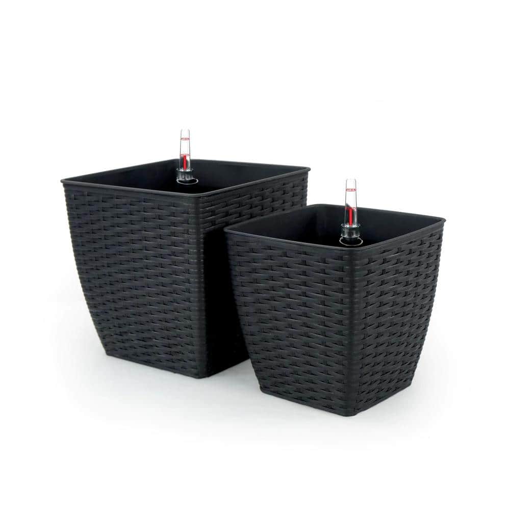 Pots Plastic +Rattan 2-Pack Self-Watering Planter Pots Square - Dark Gray -