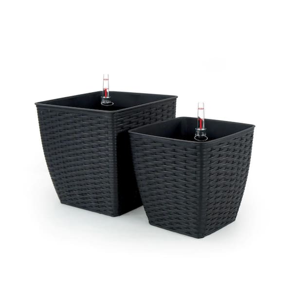 Cubilan Pots Plastic +Rattan 2-Pack Self-Watering Planter Pots Square - Dark Gray - 12.6 in. x 12.6 in. x 12.6 in. Raised Beds