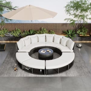 9-Piece Wicker Patio Conversation Set, Circular Sectional Sofa Lounge with Tempered Glass Coffee Table, 6 Pillows, Beige