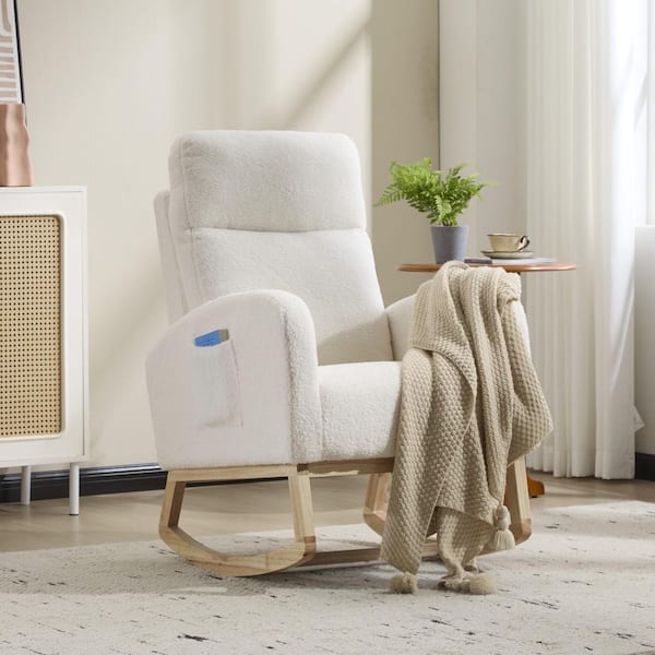 24.8 in. W White Teddy Fabric Rocking Chair with Solid Wood Legs, High Back, Side Pocket for Nursery and Living Room