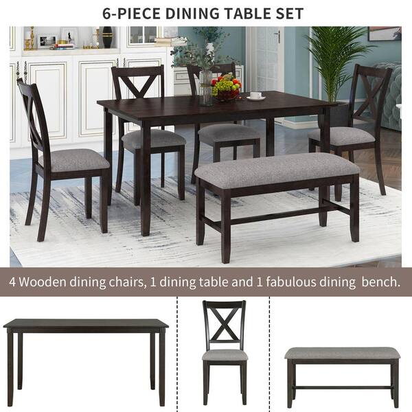 Qualler 6-Piece Wood Top Espresso Dining Table Set with 4 Dining Chairs, Brown