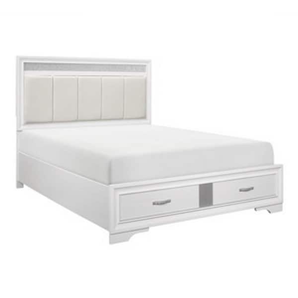Benjara Ani White Wood Frame Queen Platform Bed with Tufted Headboard and 2-Drawer Low Footboard